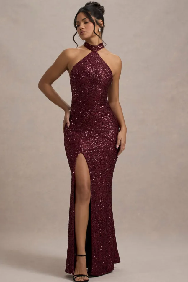 On The Rise | Berry Sequin High-Neck Strappy-Back Split Maxi Dress