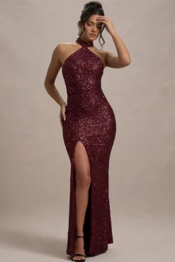 On The Rise | Berry Sequin High-Neck Strappy-Back Split Maxi Dress