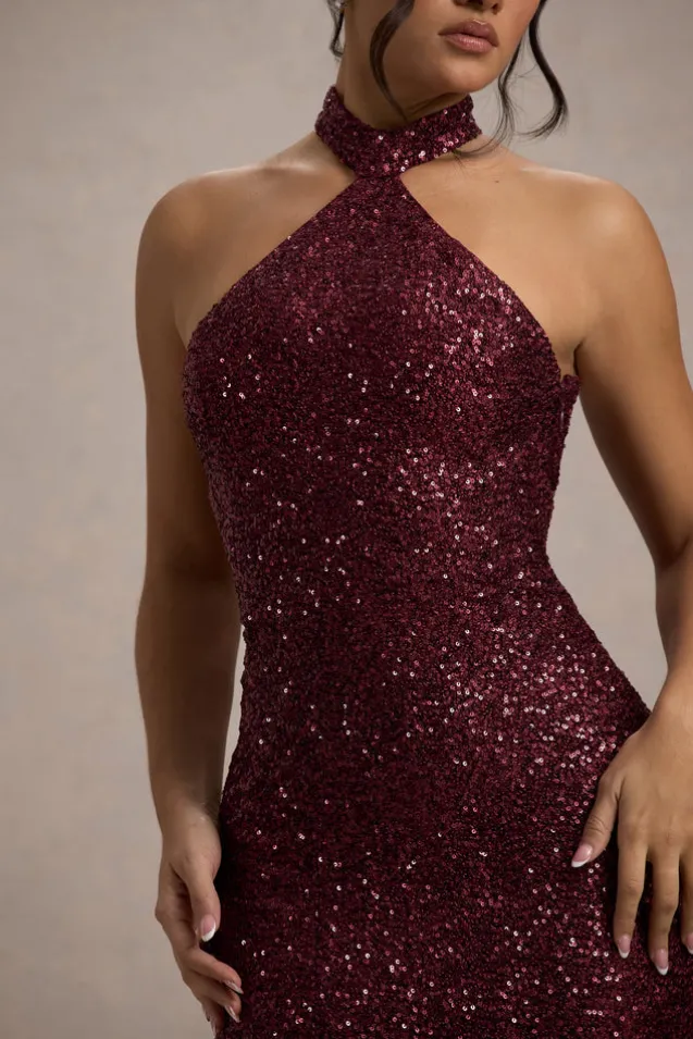 On The Rise | Berry Sequin High-Neck Strappy-Back Split Maxi Dress