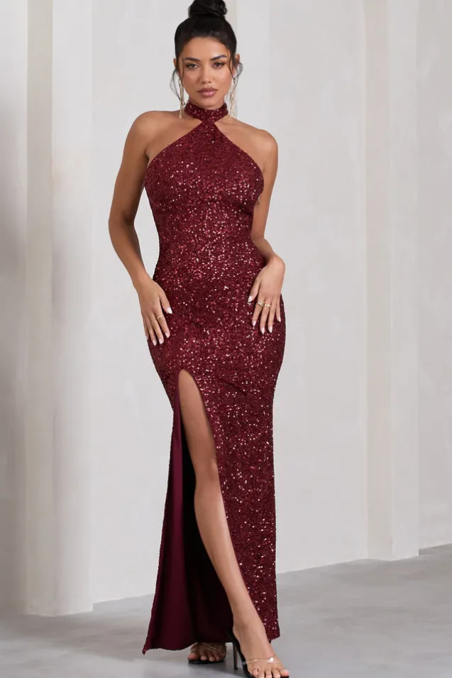 On The Rise | Berry Sequin High-Neck Strappy-Back Split Maxi Dress