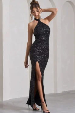 On The Rise | Black Sequin High-Neck Strappy-Back Split Maxi Dress