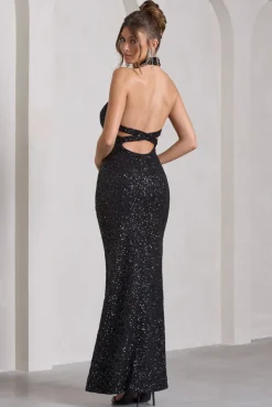 On The Rise | Black Sequin High-Neck Strappy-Back Split Maxi Dress