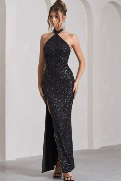 On The Rise | Black Sequin High-Neck Strappy-Back Split Maxi Dress