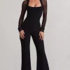 On Track | Black Flared-Leg Jumpsuit With Sheer Sleeves