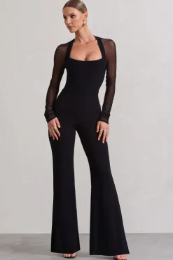 On Track | Black Flared-Leg Jumpsuit With Sheer Sleeves