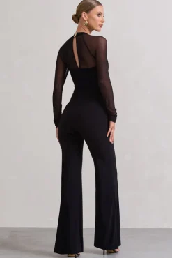 On Track | Black Flared-Leg Jumpsuit With Sheer Sleeves