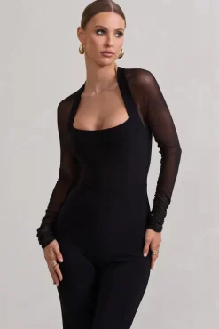 On Track | Black Flared-Leg Jumpsuit With Sheer Sleeves