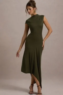 Ondine | Khaki Asymmetric Draped Midi Dress