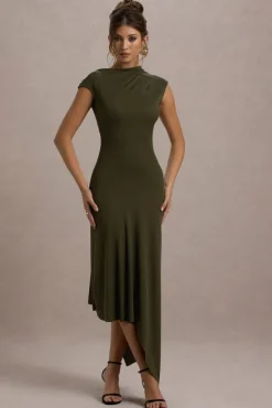 Ondine | Khaki Asymmetric Draped Midi Dress
