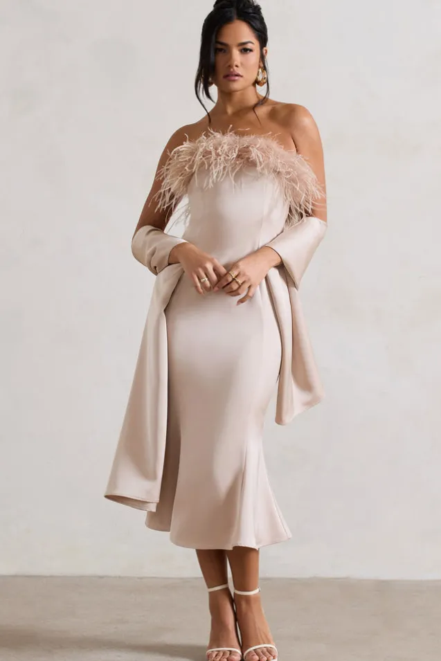 One And Only | Champagne Satin Feather Trim Midi Dress