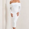 Only You | Ivory Ruched Mesh Bardot Midi Dress