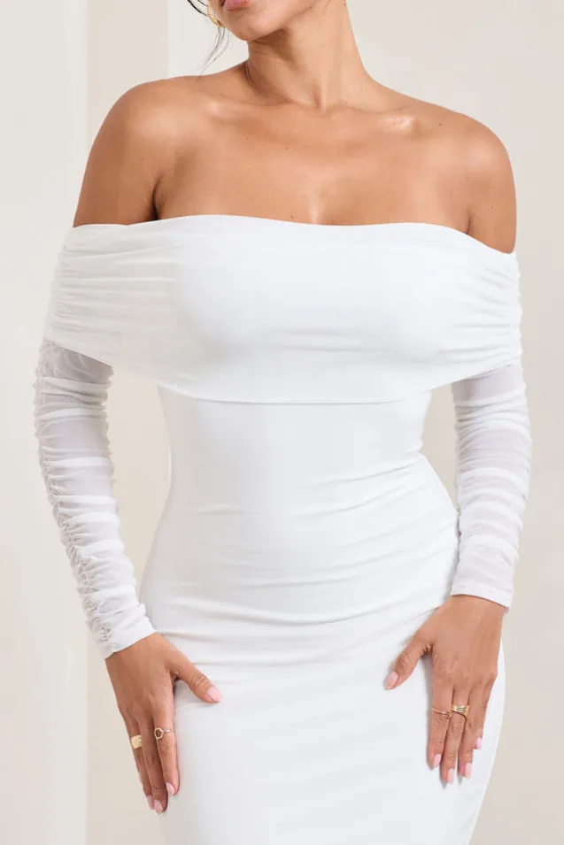 Only You | Ivory Ruched Mesh Bardot Midi Dress