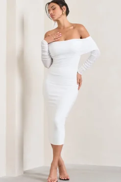 Only You | Ivory Ruched Mesh Bardot Midi Dress