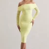 Only You | Lemon Ruched Mesh Bardot Midi Dress