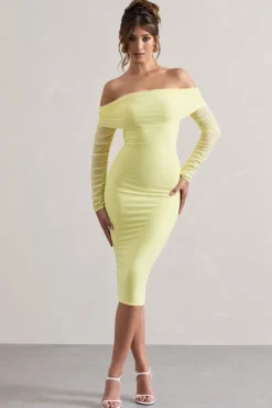 Only You | Lemon Ruched Mesh Bardot Midi Dress