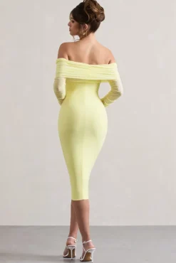Only You | Lemon Ruched Mesh Bardot Midi Dress