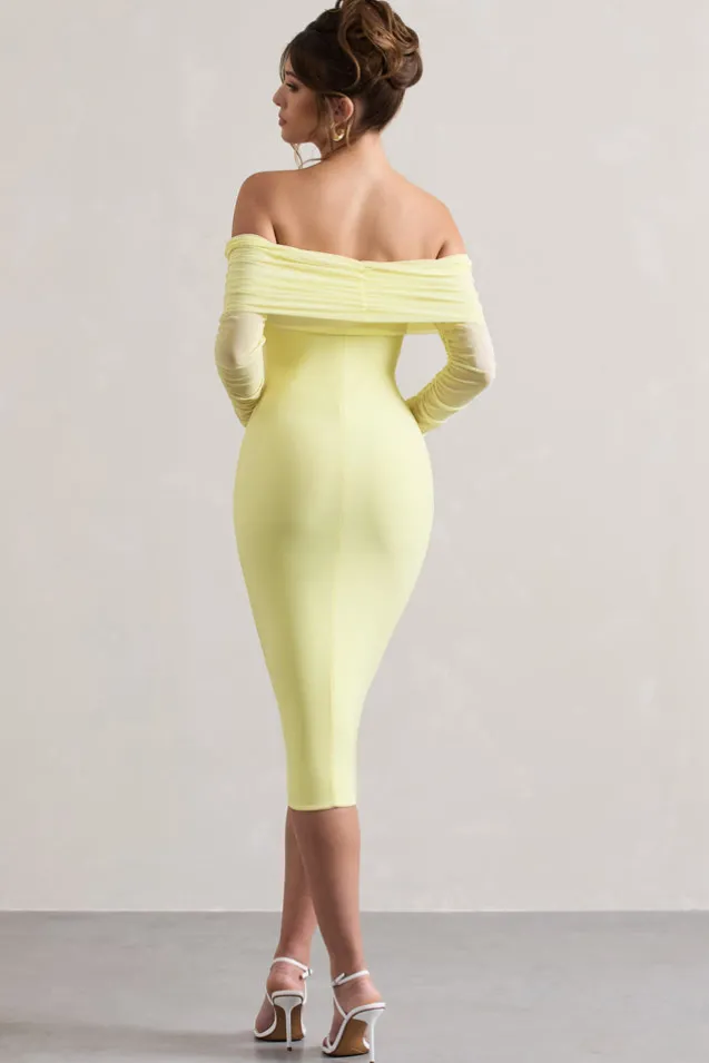 Only You | Lemon Ruched Mesh Bardot Midi Dress