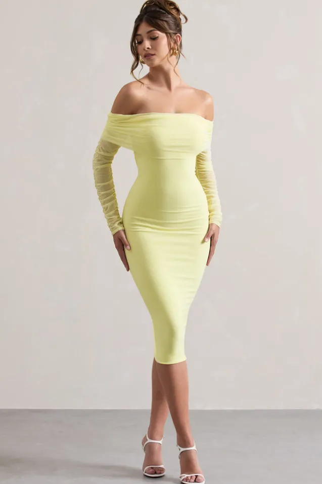 Only You | Lemon Ruched Mesh Bardot Midi Dress