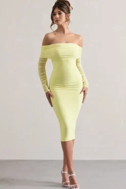 Only You | Lemon Ruched Mesh Bardot Midi Dress