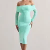 Only You | Mint Ruched Mesh Bardot Midi Dress