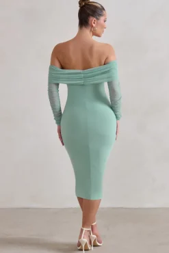 Only You | Sage Ruched Mesh Bardot Midi Dress