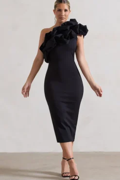 Orchestra | Black One Shoulder Ruffled Midi Dress