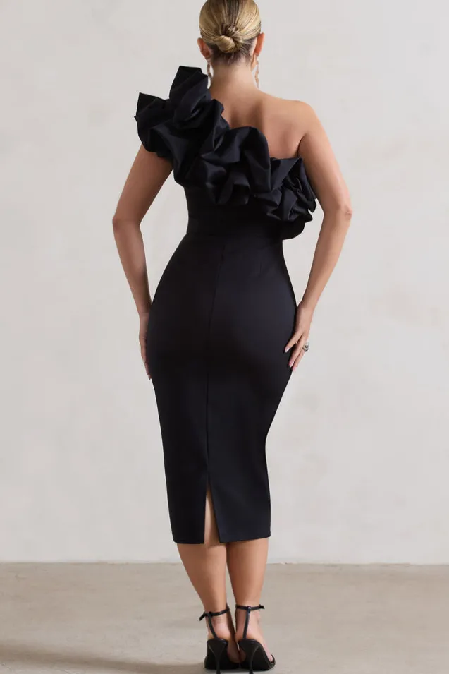 Orchestra | Black One Shoulder Ruffled Midi Dress