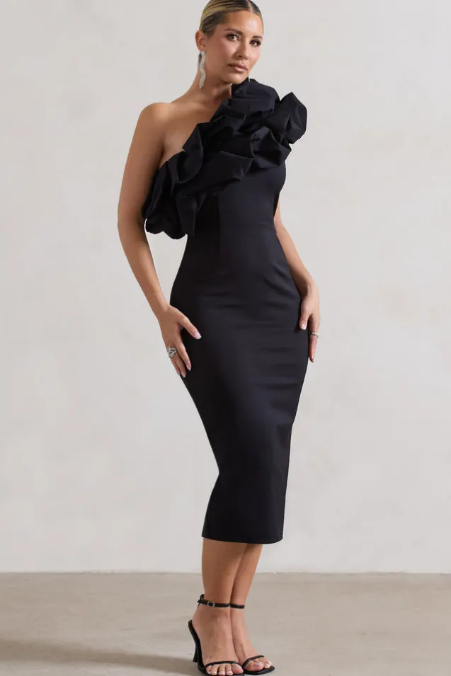Orchestra | Black One Shoulder Ruffled Midi Dress