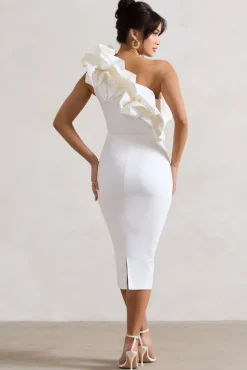 Orchestra | White One Shoulder Ruffled Midi Dress