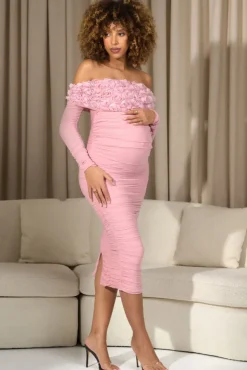 Orchid | Blush Pink Ruched Mesh Floral Bardot Maternity Midi Dress