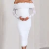 Orchid | White Ruched Mesh Floral Bardot Maternity Midi Dress
