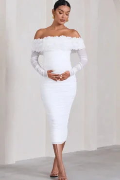 Orchid | White Ruched Mesh Floral Bardot Maternity Midi Dress