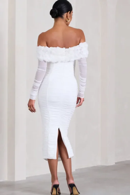 Orchid | White Ruched Mesh Floral Bardot Maternity Midi Dress