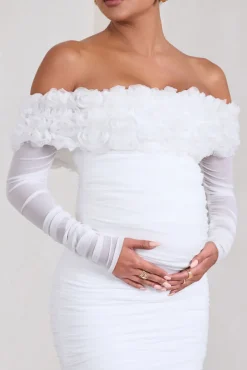 Orchid | White Ruched Mesh Floral Bardot Maternity Midi Dress