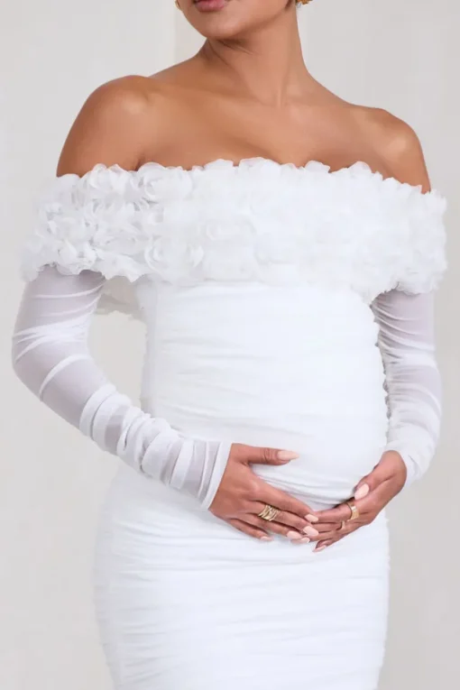 Orchid | White Ruched Mesh Floral Bardot Maternity Midi Dress