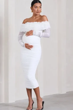 Orchid | White Ruched Mesh Floral Bardot Maternity Midi Dress