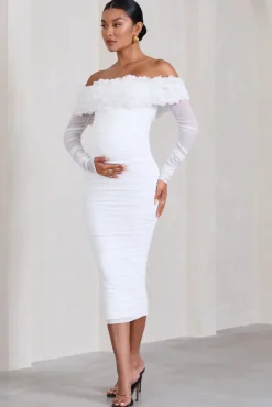 Orchid | White Ruched Mesh Floral Bardot Maternity Midi Dress