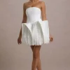 Orchid Oasis | White Bandeau Mini Dress With Puff Floral Hem