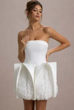 Orchid Oasis | White Bandeau Mini Dress With Puff Floral Hem
