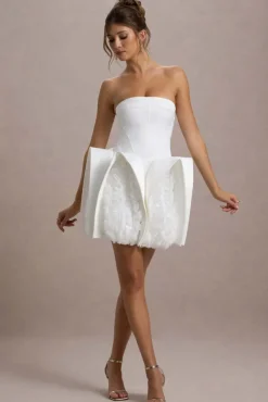 Orchid Oasis | White Bandeau Mini Dress With Puff Floral Hem