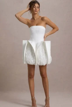 Orchid Oasis | White Bandeau Mini Dress With Puff Floral Hem