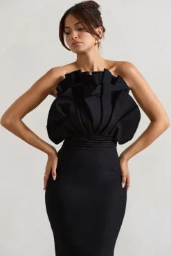 Oria | Black Ruffled Strapless Midi Dress