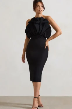 Oria | Black Ruffled Strapless Midi Dress