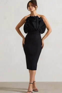 Oria | Black Ruffled Strapless Midi Dress