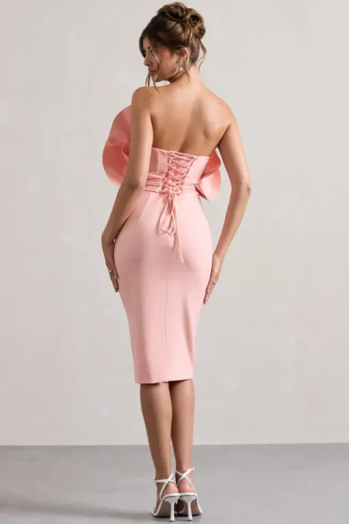 Oria | Pink Ruffled Strapless Midi Dress