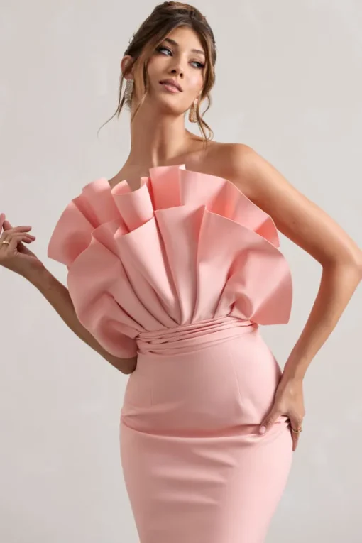Oria | Pink Ruffled Strapless Midi Dress
