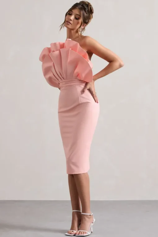 Oria | Pink Ruffled Strapless Midi Dress