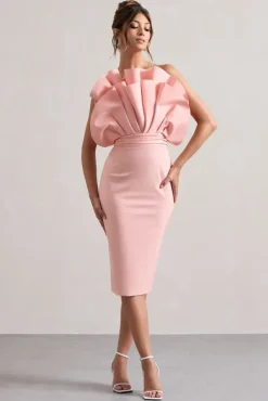 Oria | Pink Ruffled Strapless Midi Dress
