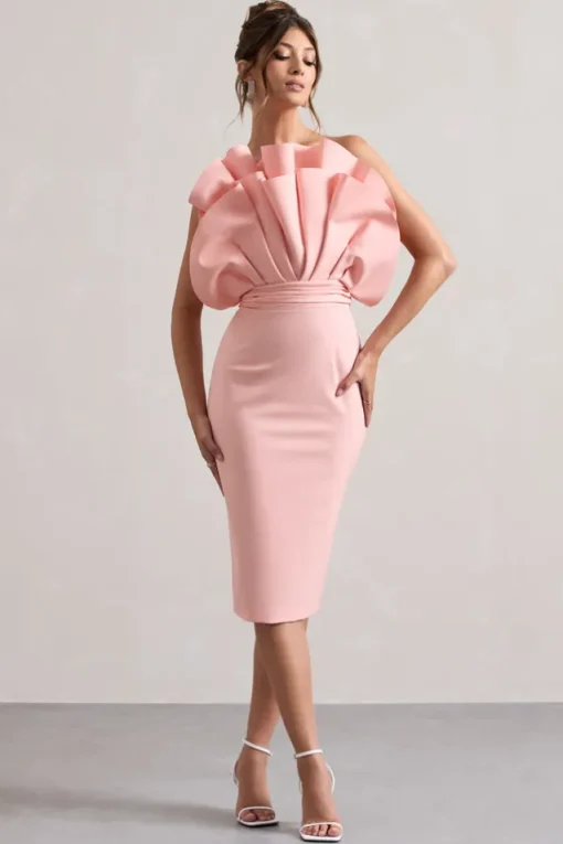 Oria | Pink Ruffled Strapless Midi Dress