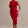 Oria | Red Ruffled Strapless Midi Dress